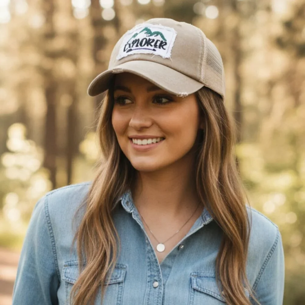 New Explorer Trucker Hat - Khaki with Mountain Patch